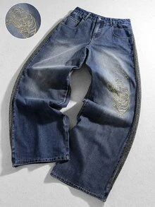 ROMWE MEN Street Life Men's Tiger Embroidered Pocket Loose Casual Denim Jeans - Blue - View 1