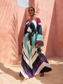 Zivah New Elegant Women's Multi-Color Totem Print Robe-Style Long Cover-Up With Tie, Suitable For Multiple Occasions, Elegant Women's Beach Vacation Versatile Commute - Multicolor - View 3