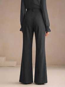 Anewsta Essential Women's Dark Gray Suit Pants With Rivet Pockets, Elegant Fashionable Business Casual Flare Leg Trousers - Dark Grey - View 2