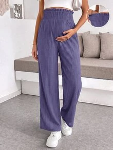 SHEIN 孕婦休閒彈性腰紋理長褲，適合日常穿著 - 紫色 - 查看 3