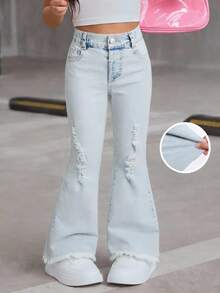 SHEIN ChillGRL Girls' Fashionable Versatile Denim Jeans, Soft & Comfortable Stretch Fabric, Distressed Light Wash With Ripped Hem Vintage Denim Craft, Flare Leg Style, Suitable For All Seasons, Spring/Autumn New Arrival - Light Wash - View 3