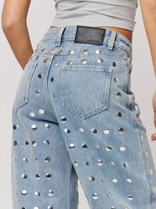 Mid Rise Mirror Studded Baggy Fit Straight Leg Jeans Fall Autumn Winter Back To School Daily Everyday - Blue - View 4
