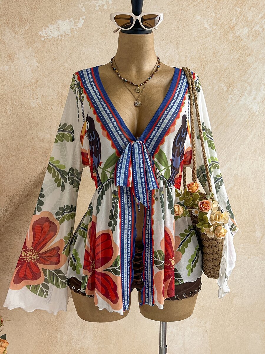 Soleia Plus Size Women's Vintage Floral Bell Sleeve Vacation Blouse - Multicolor - View 1