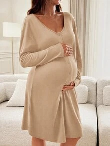 Slowluna Maternity Solid Color Nursing Dress - Khaki - View 3