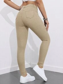 SHEIN ICON 女款高腰口袋修身休閒百搭牛仔褲 - 卡其色 - 查看 2