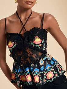 Travachic Elegant Floral Print Lace Sexy Tank Top - Black - View 7