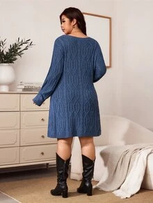 Enliva Plus Size Women Long Sleeve Sweater Dress, A-Line Hem Cable Knit Dress, Winter, Compatible With Apple Rounded Body Shape - Dusty Blue - View 2