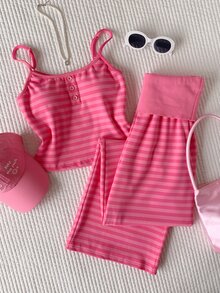 Comfortcana Women's Button Strap Tank Top And Striped Colorblock Pants 2 Pieces Set - Hot Pink - View 6