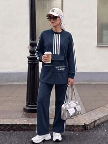 Solavon Women's Colorblock Long Sleeve Top And Pants Casual Daily 2 Pieces Set - Navy Blue - View 2
