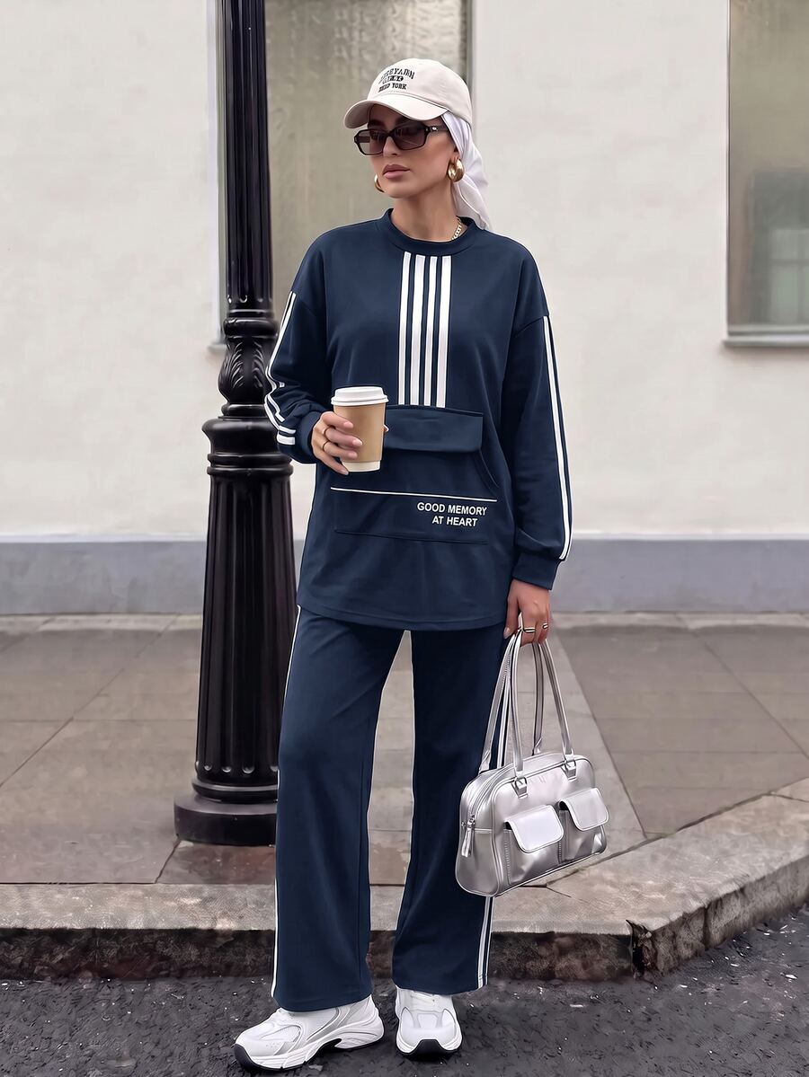 Solavon Women's Colorblock Long Sleeve Top And Pants Casual Daily 2 Pieces Set - Navy Blue - View 1