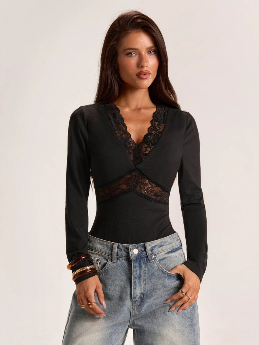 SHEIN BAE Fall Black Lace Patchwork Deep V Neck Backless Sexy Slim Fit Long Sleeve Inner Shirt Halloween Party Date Night Going Out - Black - View 1