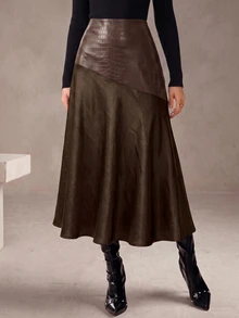 Modelyn Women's Elegant Textured Leather Asymmetric Patchwork Satin Draped Skirt - Coffee Brown - View 5