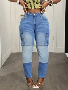 Slaydiva Plus Size Women's Cargo Pocket Casual Versatile Denim Jeans - Blue - View 5