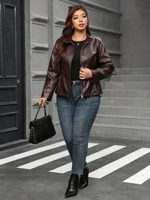 Reflora Plus Size Fashion Streetwear Zipper Long Sleeve PU Material Jacket - Brown - View 5