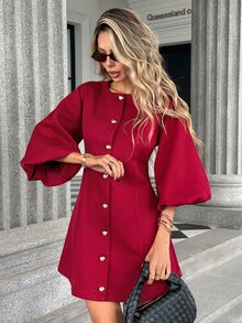 Pariaura Desain Fashion Baru, Gaun Pendek Kasual Elegan Serbaguna dengan Leher Bulat Warna Burgundy - Burgundy - View 5