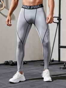 GymBeat 男士字母腰帶日常健身運動緊身褲 - 淺灰色 - 查看 3