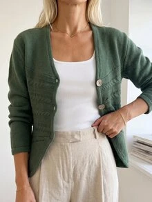 Omancia 女款秋冬復古粗針編織長袖開襟衫 - 墨綠色 - 查看 3