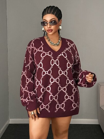 Maweii Women's V-Neck Dropped Shoulder Long Sleeve Loose Fit Bow Print Contrast Color Casual Elegant Romantic Vintage Old Money Street Style Versatile Commute Elegant Fashion Date Holiday Outfit 2026 New Plus Size Pullover Sweater