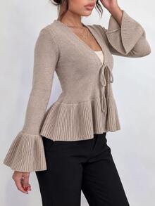 Selianne Women's V-Neck Ruffle Long Sleeve Knit Cardigan - Apricot - View 4
