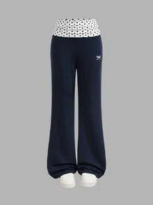 SHEIN 女童條紋拼接喇叭褲 休閒日常百搭時尚款 柔軟舒適 秋冬新款 - 藍色 - 查看 6