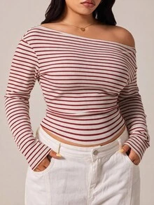 GalTyme Plus Size Street Fashion Versatile Striped Colorblock Long Sleeve T-Shirt - Red and White - View 8