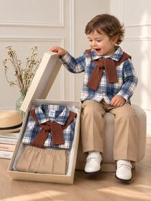 SHEIN Baby Boy Plaid Pattern Collared Long Sleeve Button-Up Shirt, Elastic Waist Long Pants, Solid Color Shawl 3 Pieces Set, Versatile And Comfortable - Royal Blue - View 1