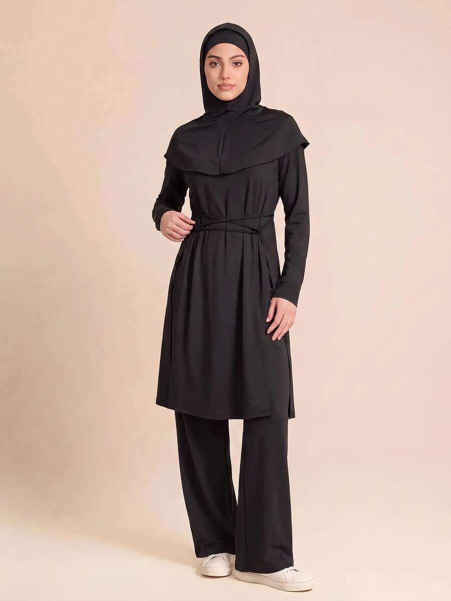 SHEIN With My Calm مجموعة روب نسائي كاجوال 3 قطع للعطلات والشاطئ والخارج والحفلات والرياضة، جديد للصيف - الأسود - مشاهدة 1