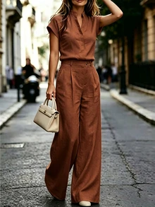 SHEIN 女款純色短袖上衣與長褲休閒日常兩件套 - 棕色 - 查看 3