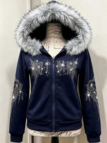 SHEIN Sparklyn 1件女款深色甜酷風加厚秋冬戶外購物夾克，大廓形毛領連帽拉鍊衛衣，鑲鑽字母設計，抓絨內裡寬鬆長袖衛衣外套 - 藍色 - 查看 1