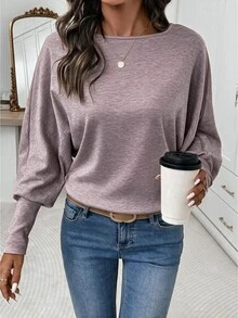Editum Women's Autumn/Winter New Elegant Round Neck Apricot Soft Color Long Sleeve T-Shirt, Suitable For Daily And Multiple Occasions - Dusty Purple - View 1