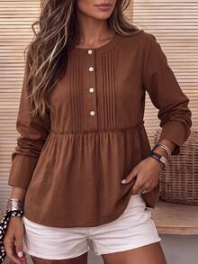 Holdful Holdful Women's Fashion Button Half-Placket Pleated Minimalist Shirt - Coffee Brown - View 7