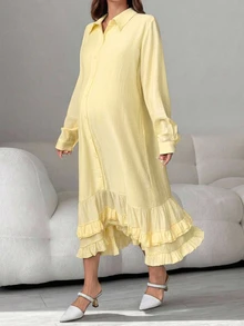 Dazy Maternity فستان حمل كاجوال بلون موحد فضفاض بأكمام طويلة وتفاصيل كشكشة مطوية، مناسب للعطلات، ربيع/خريف - أصفر - مشاهدة 5