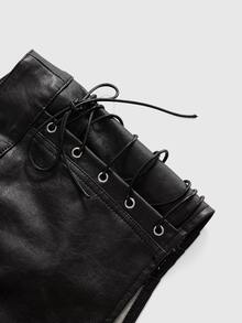 ROMWE Grunge Punk Vintage Y2K Hot Girl Patchwork Faux Fur Punk Metal Eyelet Lace-Up Design Ultra Low Waist Mini Washed PU Shorts - Black - View 3