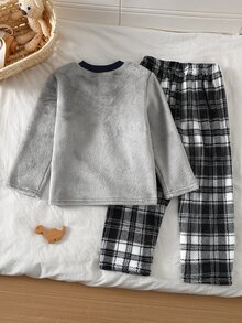 Boys Gray Plush Plaid Long Sleeve Pants Casual Comfortable 2 Pieces Loungewear Set - Light Grey - View 3