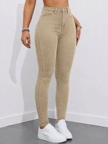 SHEIN ICON 女款高腰口袋修身休閒百搭牛仔褲 - 卡其色 - 查看 6