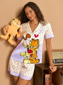 GARFIELD | SHEIN Women's Polka Dot Cartoon Print Short Sleeve Top And Shorts Pajama Set - White - View 5