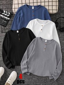 SHEIN 3件組買2送1兒童青少年男孩半開襟紋理布料長袖T恤，藍色、黑色、灰色，適合秋冬、情人節、夏季穿搭、家庭聚會、開學季、婚禮季、運動、生日派對 - 彩色 - 查看 2