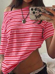 SHEIN EZwear 休閒極簡條紋滿版印花單肩落肩短袖寬鬆女款T恤 - 彩色 - 查看 1
