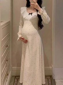 DAZY Polka Dot Patchwork Ruffle Trim Loose Long Sleeve Casual Daily Home Wear Spring Autumn Long Dress Maternity Dress - Apricot - View 4