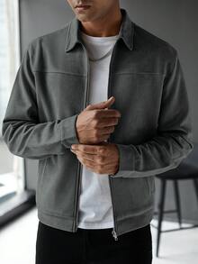 Manfinity Homme 男士素色長袖拉鍊休閒夾克 - 綠色 - 查看 3