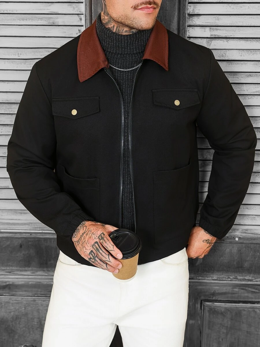 Manfinity CasualCool Jaket Lengan Panjang Pria dengan Resleting dan Desain Colorblock, Kasual, Serbaguna, untuk Perjalanan Sehari-hari - Hitam - View 1