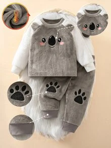 Baby Boy 2 Pieces Double-Sided Fleece Long Sleeve Top And Pants Set With Koala Pattern, Crew Neck, Loungewear - Grey - View 2
