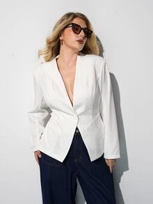 Maija Plus Size Women's Solid Color Single Button Casual Commute Blazer - White - View 1
