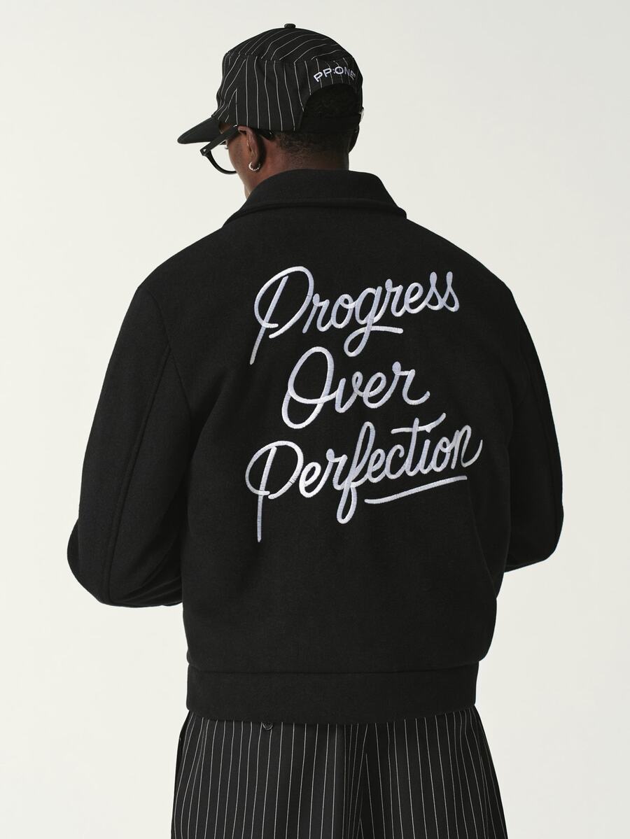 STYNVO Chaqueta casual con cremallera y manga larga con estampado de letras para hombre - Negro - Ver 1
