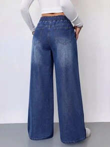 SHEIN Tall Women's Drawstring Waist Pocket Casual Daily Travel Jeans - Dark Wash - View 2