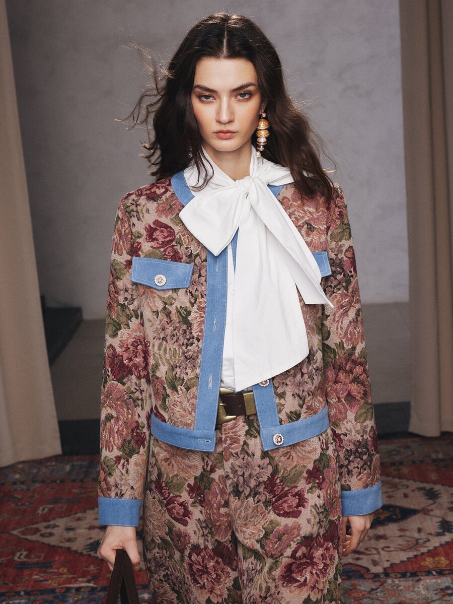 Anewsta Spring/Autumn Vintage French Style Jacquard Colorblock Denim Trim Short Tweed Jacket - Blue - View 1