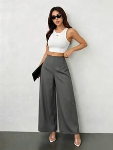 SHEIN PETITE CURVE 大尺碼優雅休閒高腰百褶寬鬆商務長褲 - 淺灰色 - 查看 3