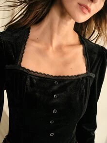 MOTF PREMIUM WOMEN'S ROMANTIC ELEGANT WAIST-CINCHING LACE TRIM VELVET BLOUSE - Black - View 2