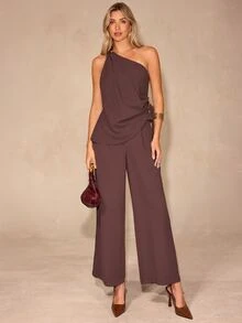 Enchnt Women's Solid Color One-Shoulder Top And Long Pants Casual Daily Set - Brown - View 3