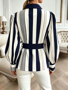RosyDaze Women's Casual Striped Colorblock Single-Breasted Business Shirt - Multicolor - View 2